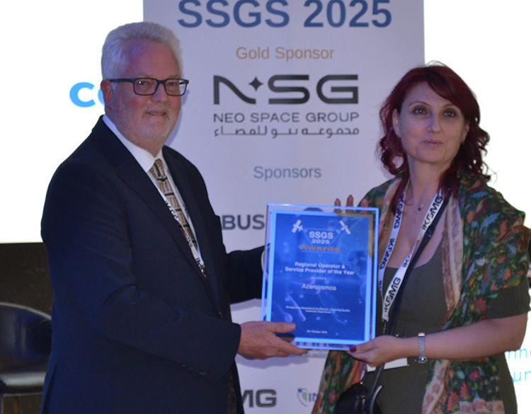 Irina Petrov, VP MarCom & Membership, GSOA accepts the award for Azercosmos