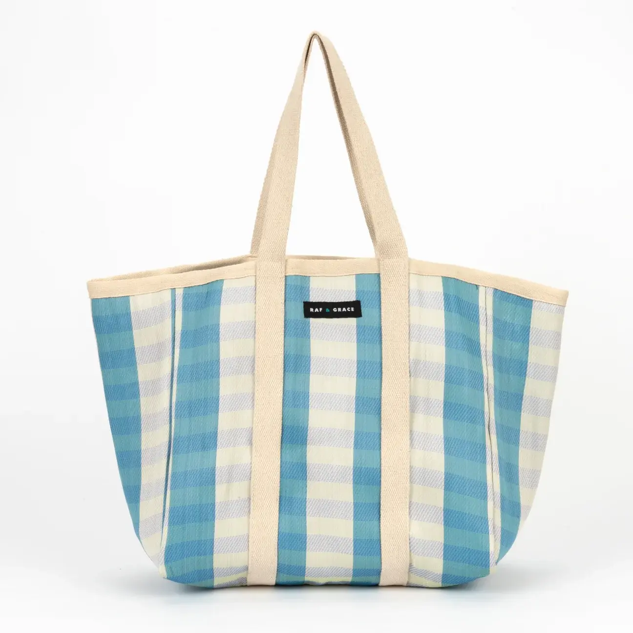 RAF & GRACE LARGE RECYCLED PLASTIC ECRU & BLUE  STRIPE SHOPPER B