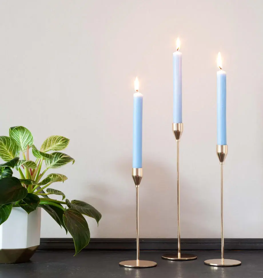 Light Blue Dinner Candle in Gold Candle Holders