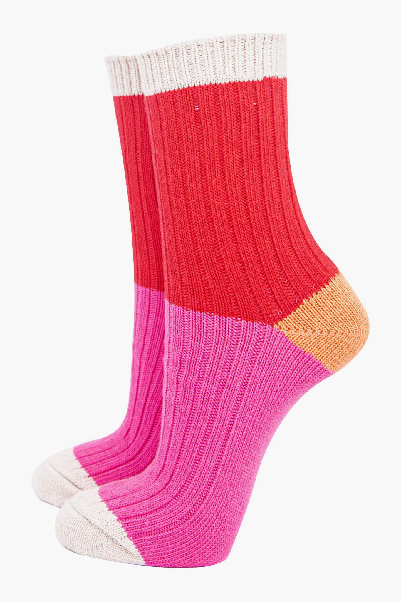 Red Colour Block Boot Socks
