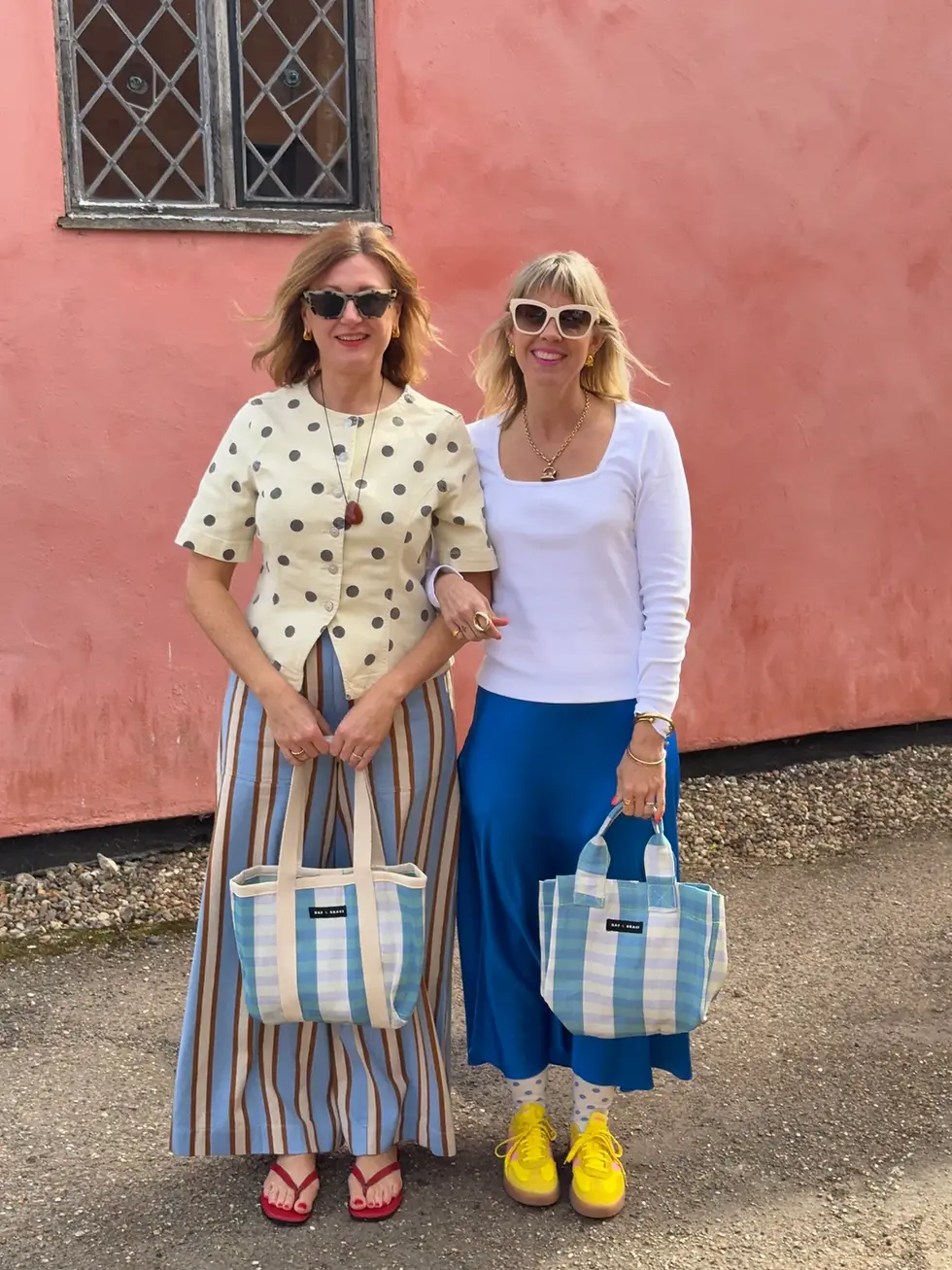 Thumbnail: RAF & GRACE RECYCLED PLASTIC SKY BLUE & ECRU STRIPED MICRO SHOPPER BAG