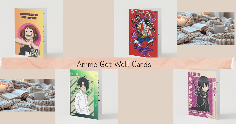 Flat-lay of anime greeting cards arranged with a mug of tea and envelopes on a light background, representing get well soon anime cards and supportive messages.