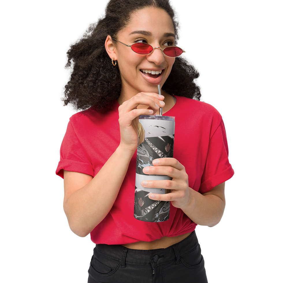 Woman holding alchemy brothers battle stainless steel tumbler 20 oz with lid and metal straw, lifestyle photo