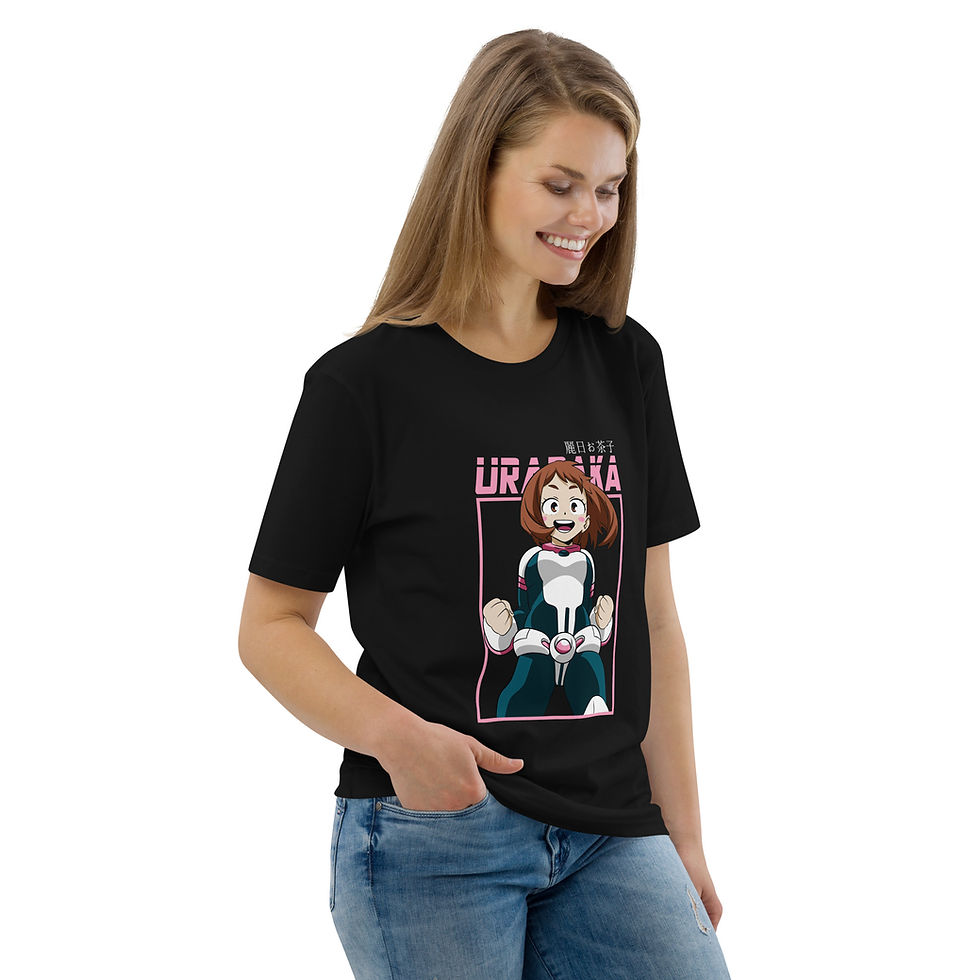 Thumbnail: Female model wearing black Ochaco Uraraka My Hero Academia anime t-shirt, standing and smiling