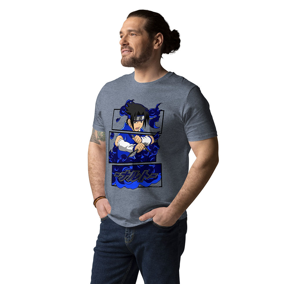 Thumbnail: Male model wearing blue gray Sasuke Naruto anime t-shirt, casual standing pose