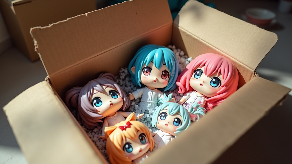 Eye-level view of an anime-themed subscription box with various collectibles