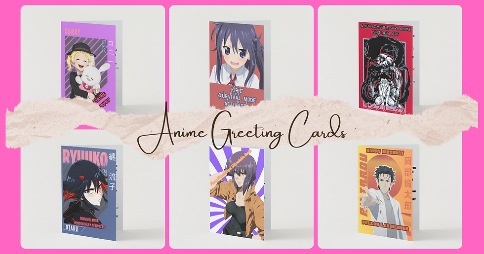Six anime greeting cards displayed in a grid on a white background with a pink border and “Anime Greeting Cards” written across the center in elegant script.