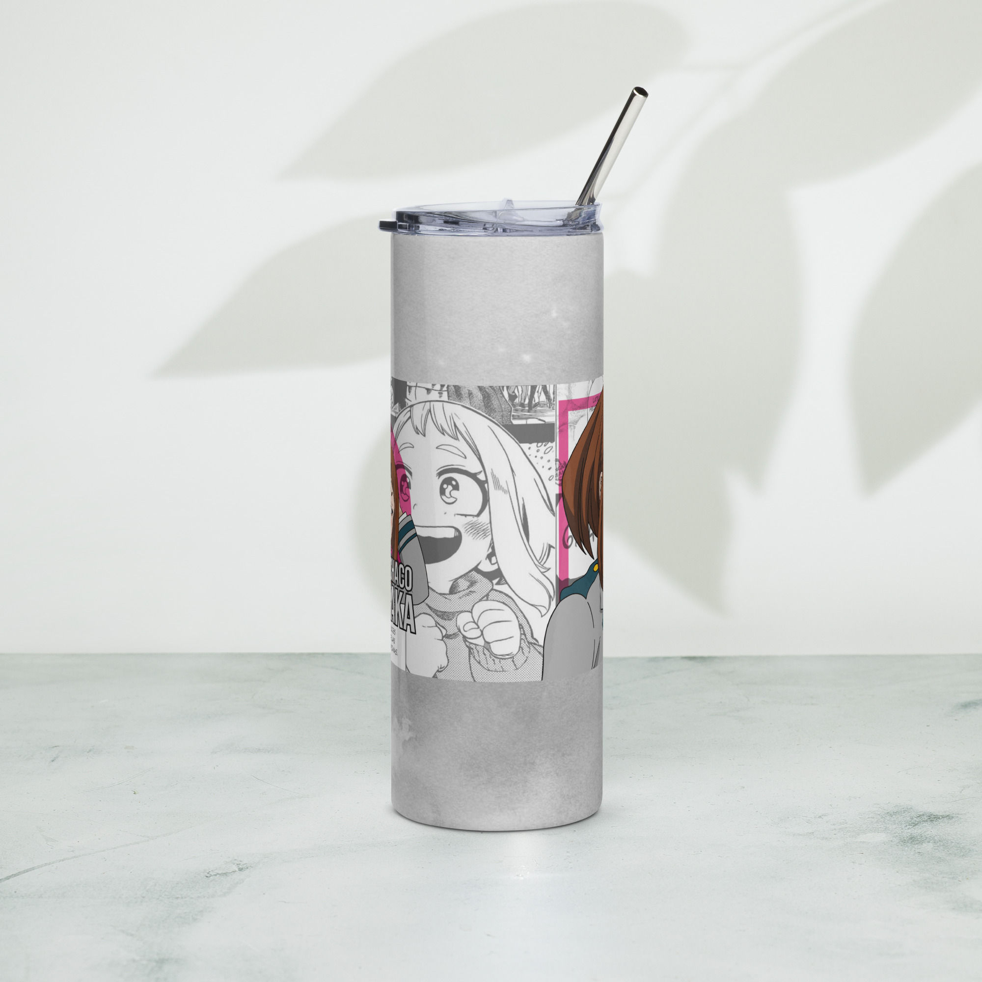 Uraraka 20 oz stainless steel tumbler front view with pink circle accents and metal straw