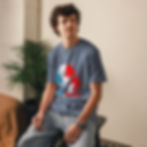 Male model wearing blue-gray Shoto Todoroki My Hero Academia anime t-shirt, sitting casually indoors