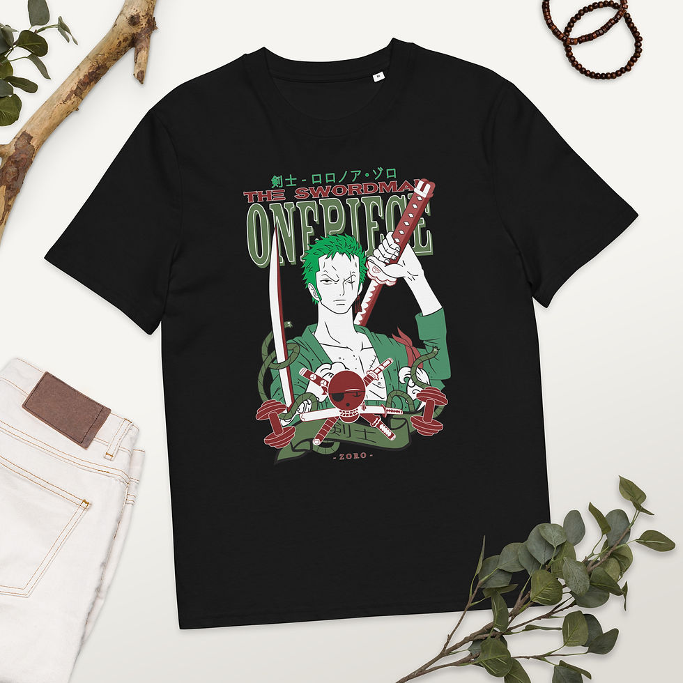 Front view of black Zoro One Piece anime t-shirt with swordsman design, flat lay on white background