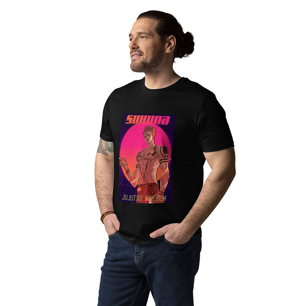 Thumbnail: Male model wearing black Sukuna Jujutsu Kaisen anime t-shirt, casual standing pose