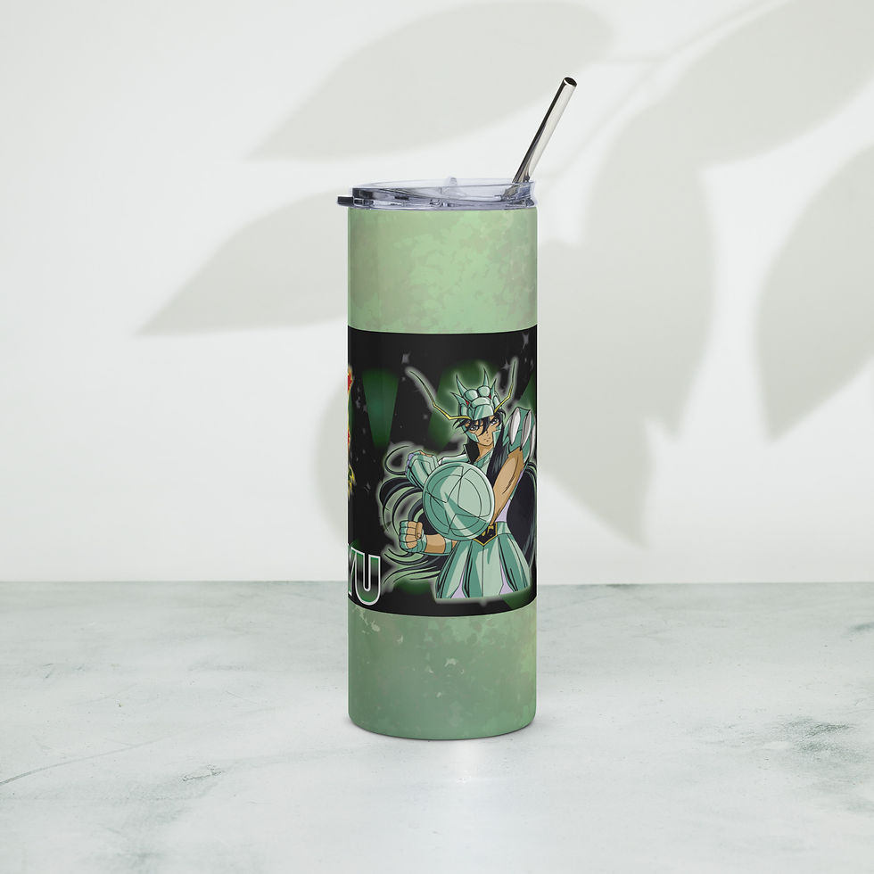 Thumbnail: Shiryu 20 oz stainless steel tumbler angled view with dragon spirit artwork and green cosmic background