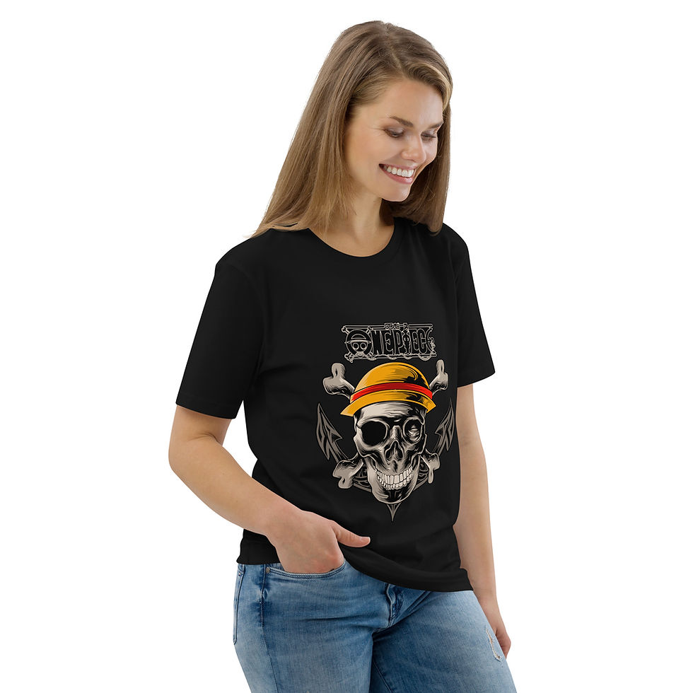 Thumbnail: Female model wearing black One Piece Skull Logo anime t-shirt, standing and smiling