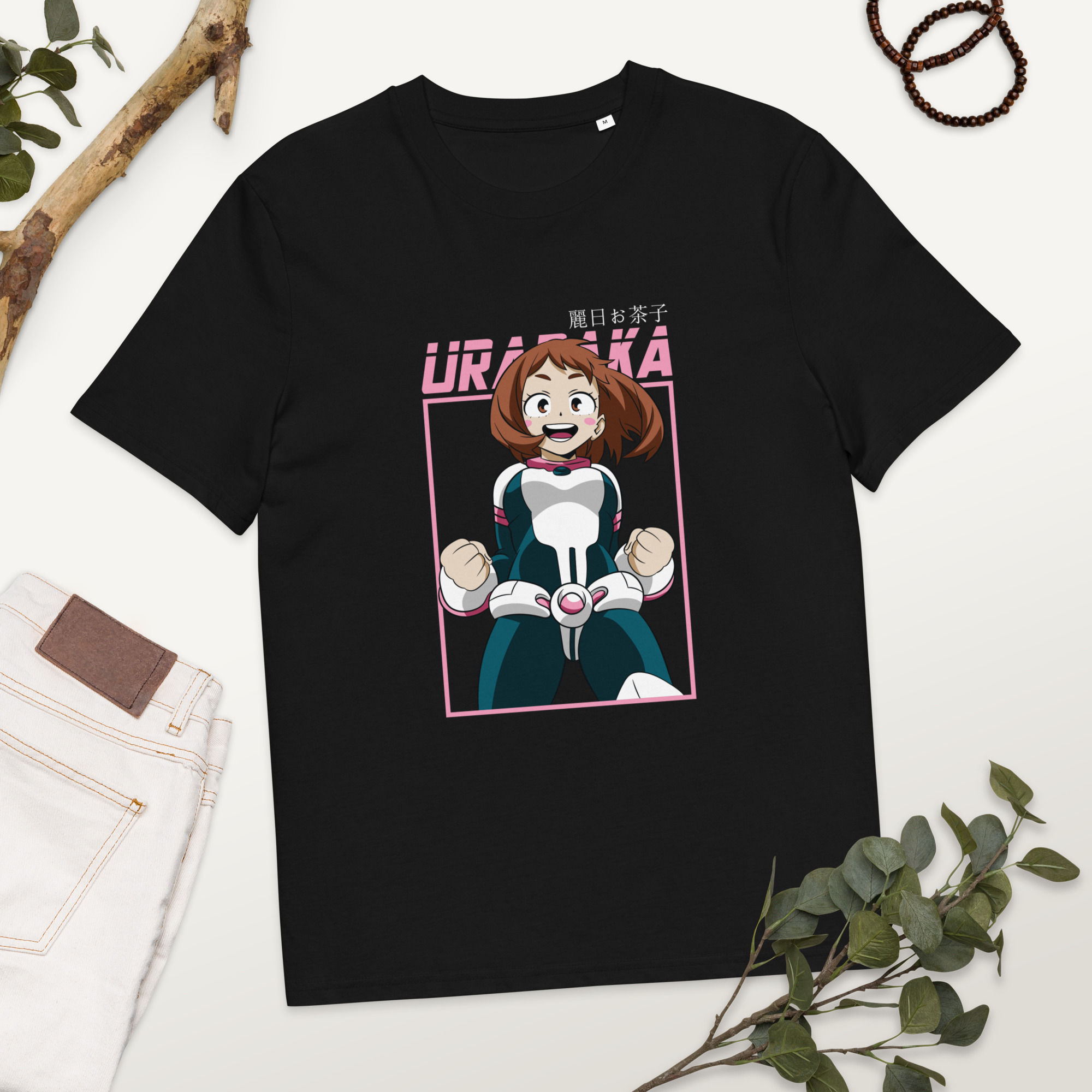 Front view of black Ochaco Uraraka My Hero Academia anime t-shirt with pink hero suit design, flat lay on white background