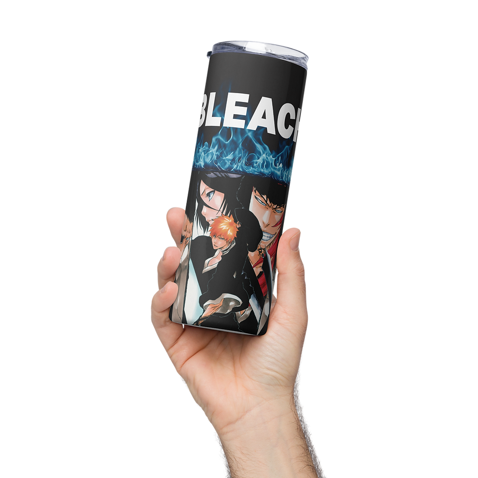 Thumbnail: Bleach tumbler in hand showing wrap-style character collage design, 20 oz stainless steel travel cup