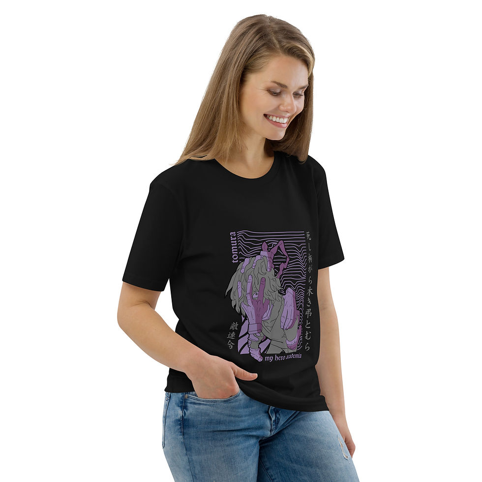 Thumbnail: Female model wearing black Tomura Shigaraki My Hero Academia anime t-shirt, standing and smiling