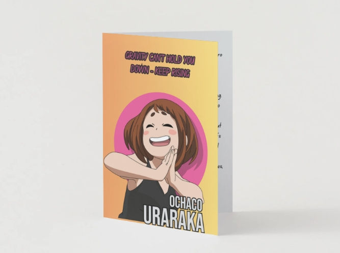 My Hero Academia get well card front with Uraraka, “Gravity Can’t Hold You Down – Keep Rising” message, anime art.