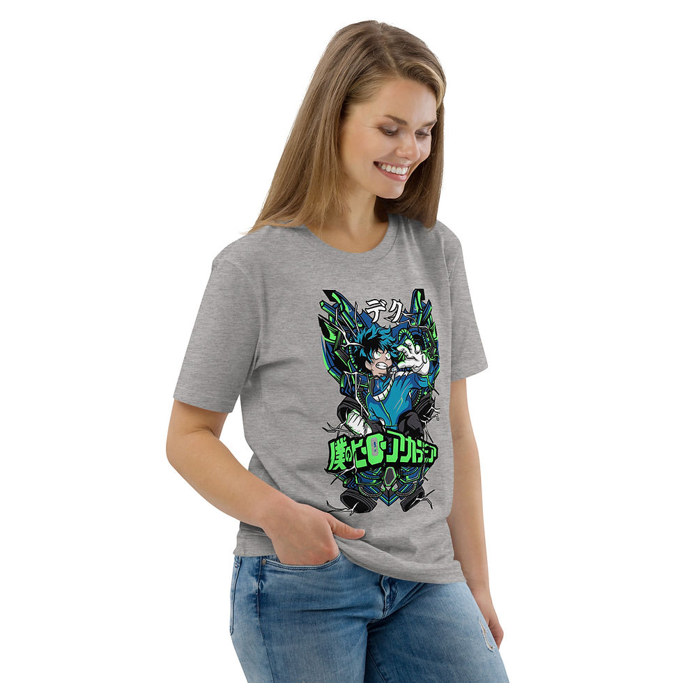 Thumbnail: Female model wearing gray Deku My Hero Academia anime t-shirt, standing and smiling