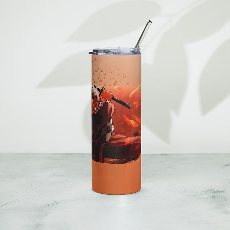 Thumbnail: Tanjiro 20 oz stainless steel tumbler angled view with warm orange tones and dynamic anime-style artwork