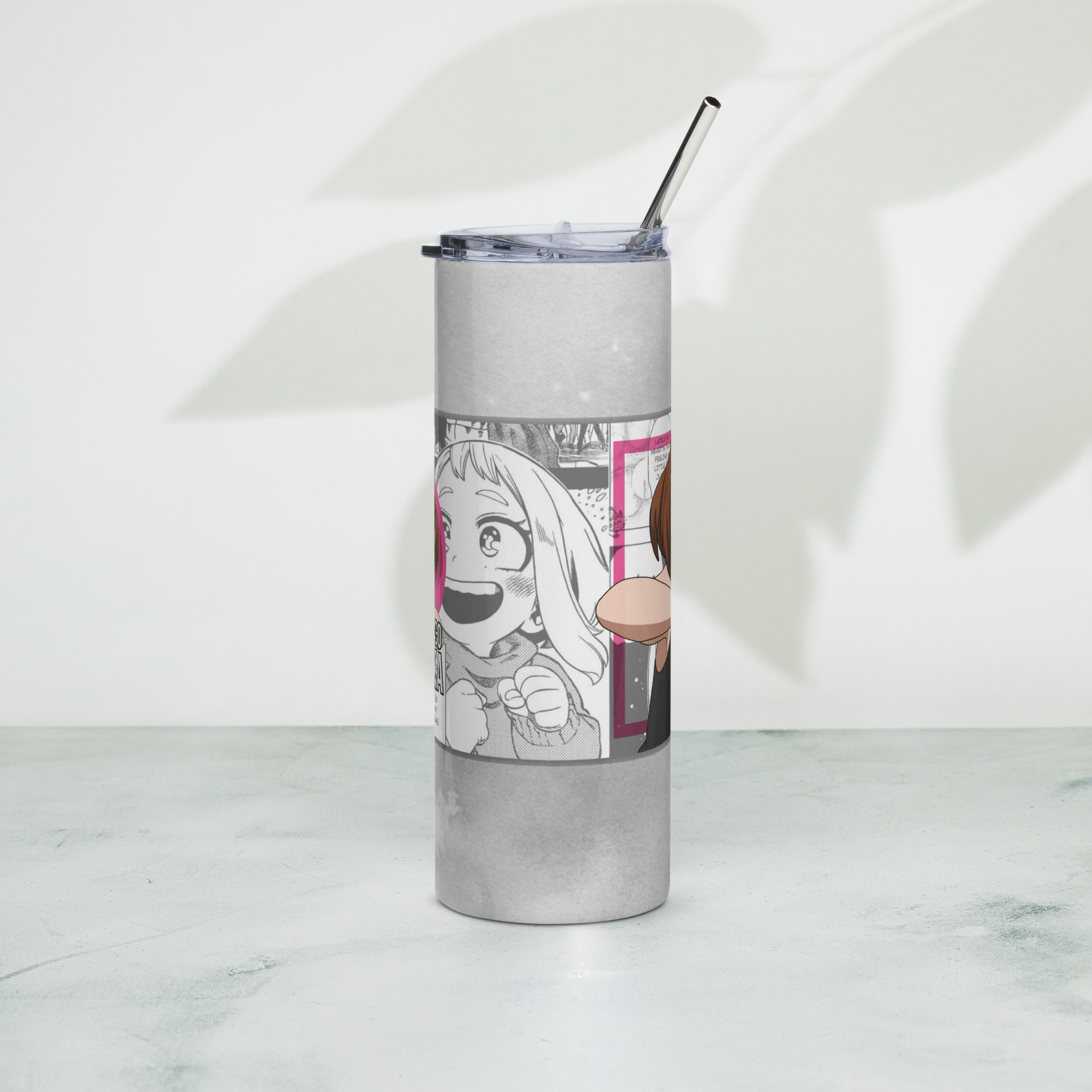 Anime gravity girl 20 oz stainless steel tumbler front view with pink accents, manga panel background, and metal straw