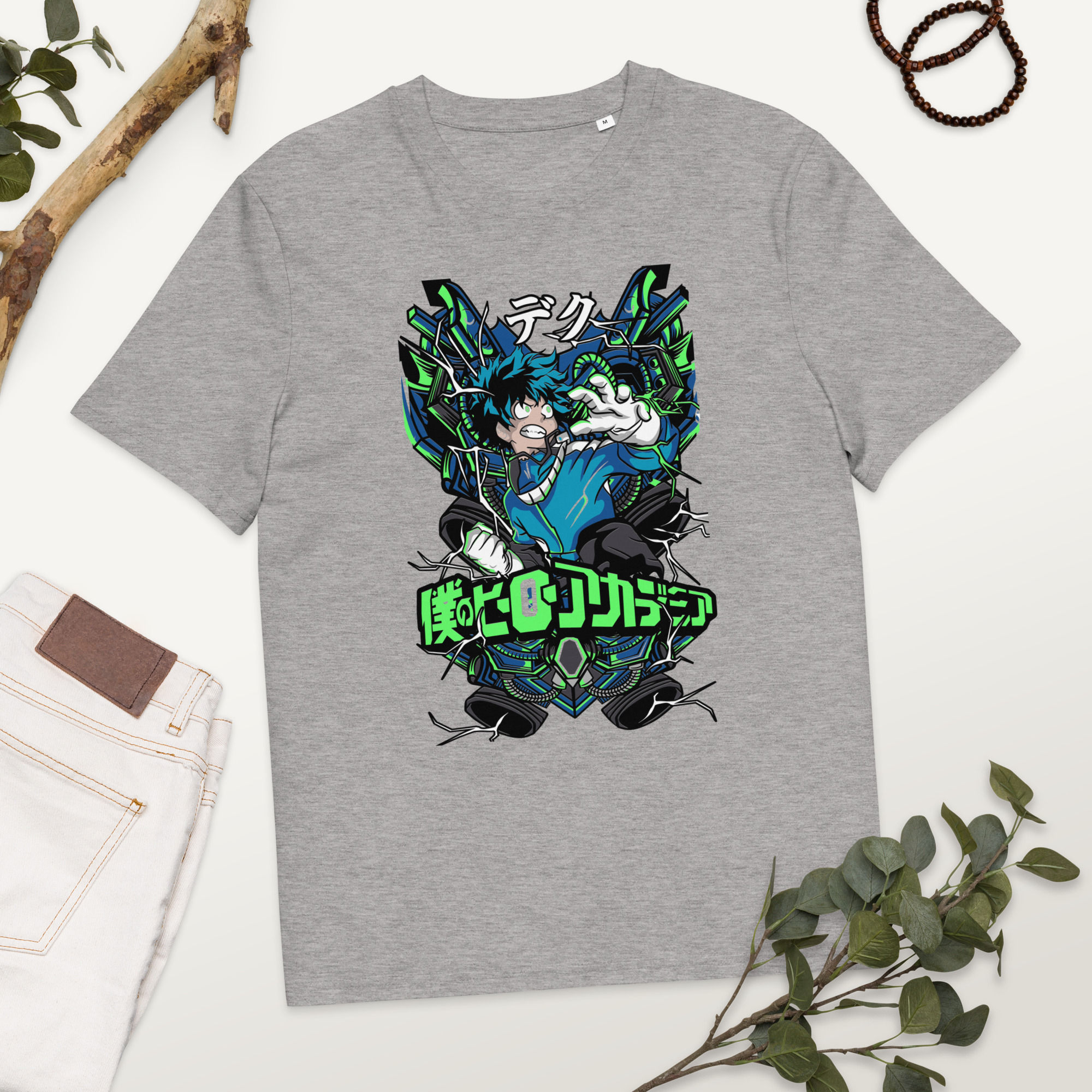 Front view of gray Deku My Hero Academia anime t-shirt with electrifying green and blue design, flat lay on white background