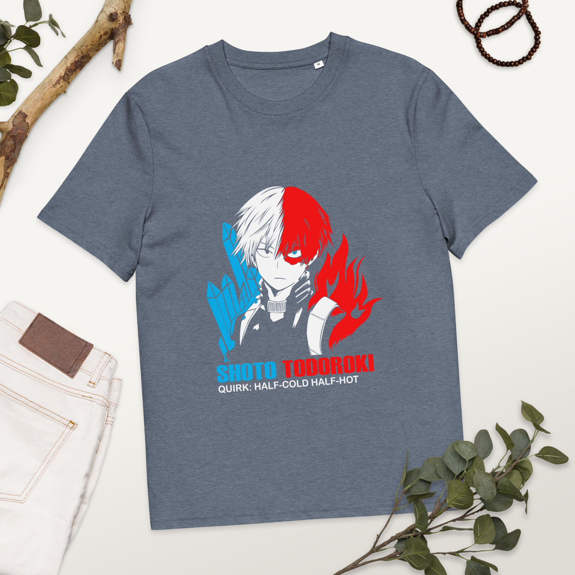 Front view of blue-gray Shoto Todoroki My Hero Academia anime t-shirt with fire and ice design, flat lay on white background