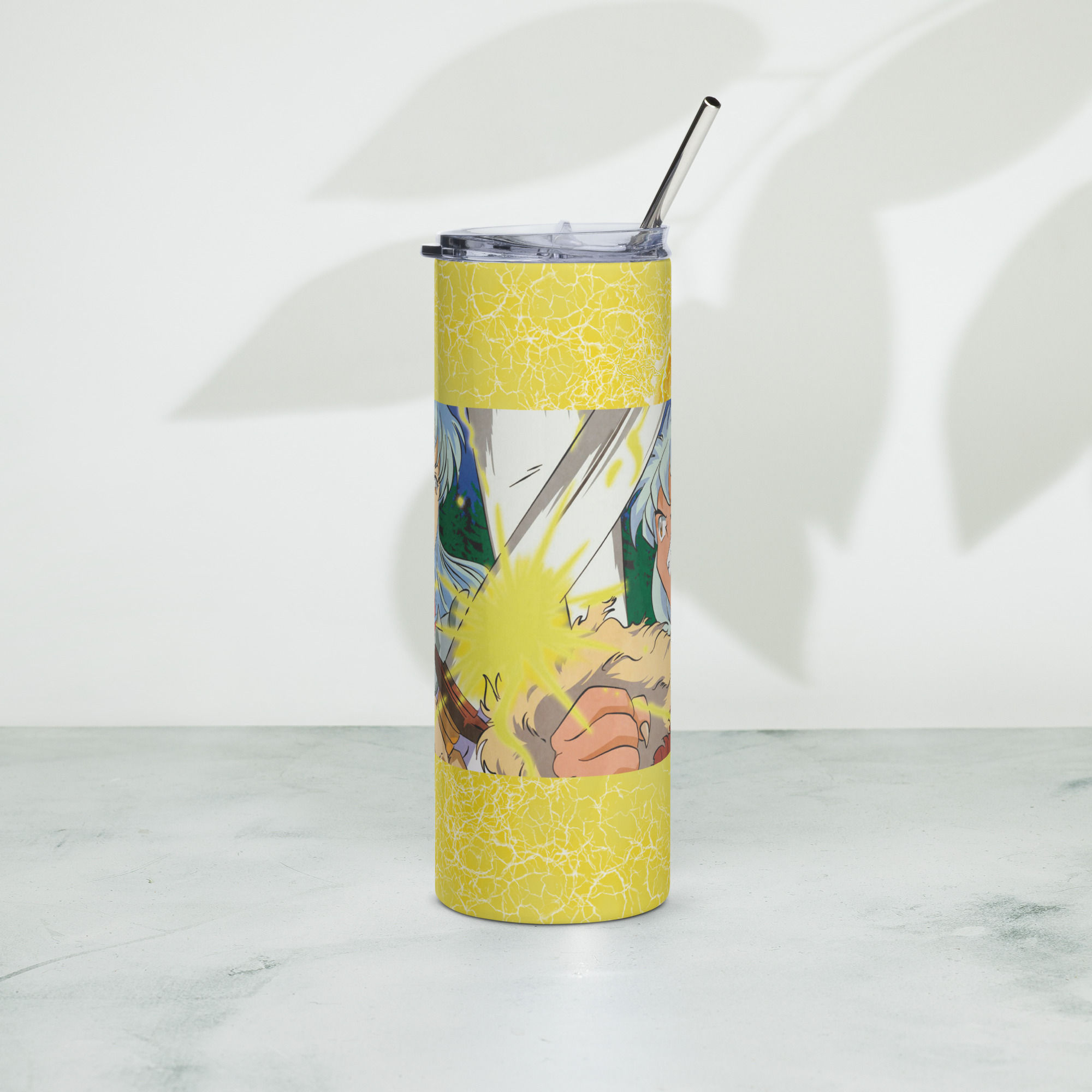 Anime brothers battle 20 oz stainless steel tumbler front view with lightning clash artwork and metal straw