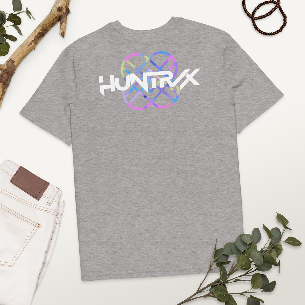 Thumbnail: Back of Heather Gray K-Pop Demon Hunters shirt with HuntRx logo and colorful heart emblem back print
