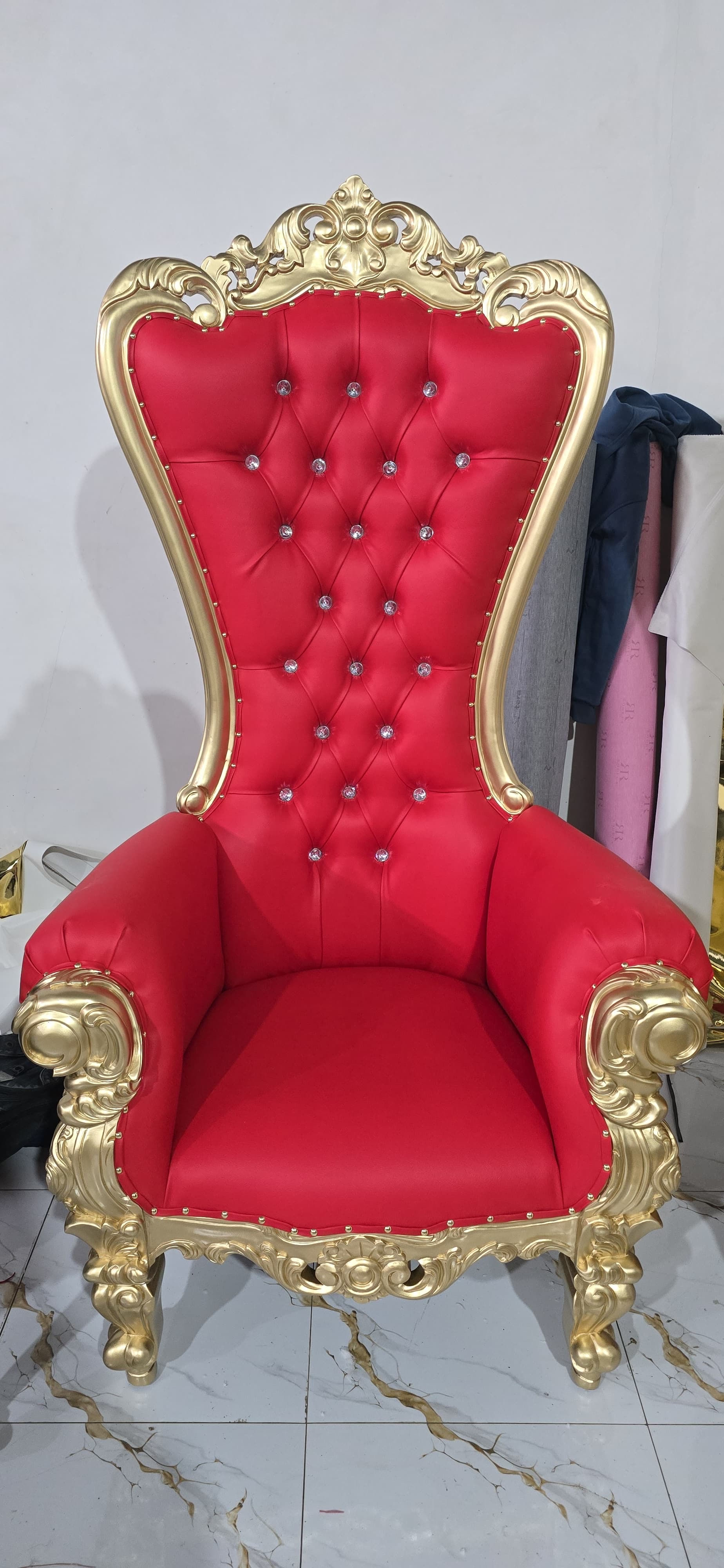 Red/Gold Leatherette Queen Throne Chair