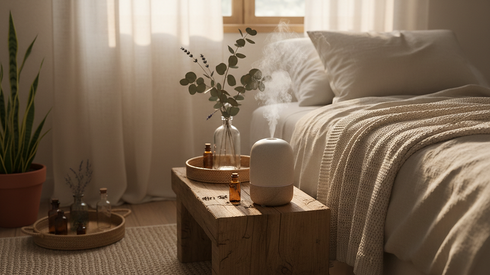 Eye-level view of a diffuser emitting mist in a cozy bedroom