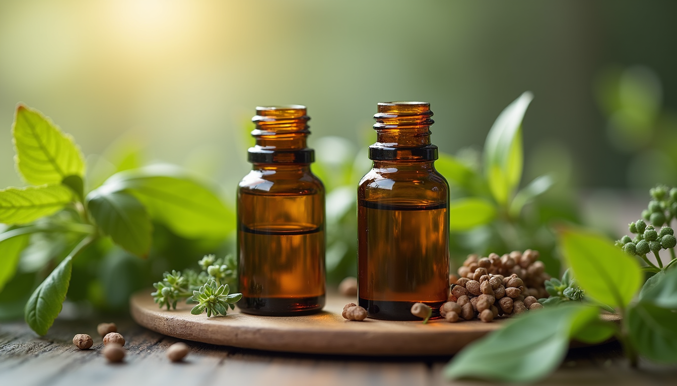 2 brown amber glass bottles sitting on a plate with green leaves around it