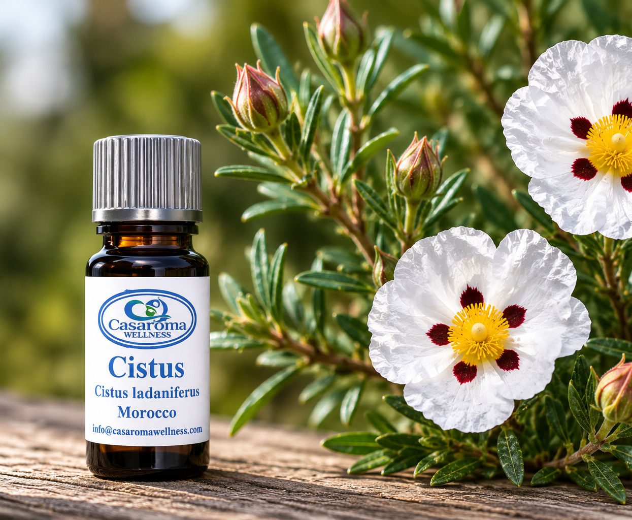 Cistus plant with bottle of Casaroma essential oil