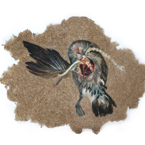 painting of a goose carcass on irregularly shaped handmade paper