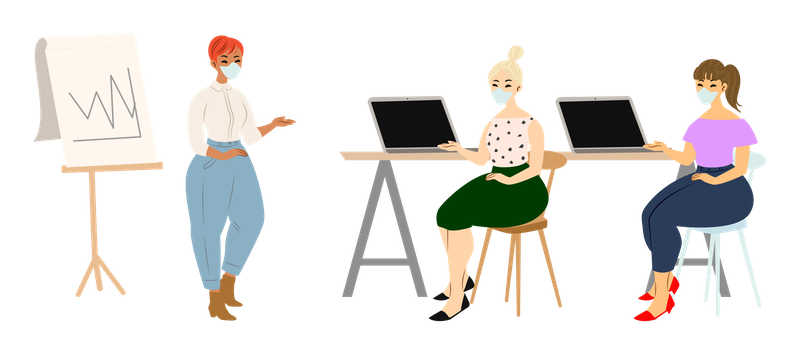 Illustration showing a researcher observing two participants as they engage in an activity, representing a user research session.