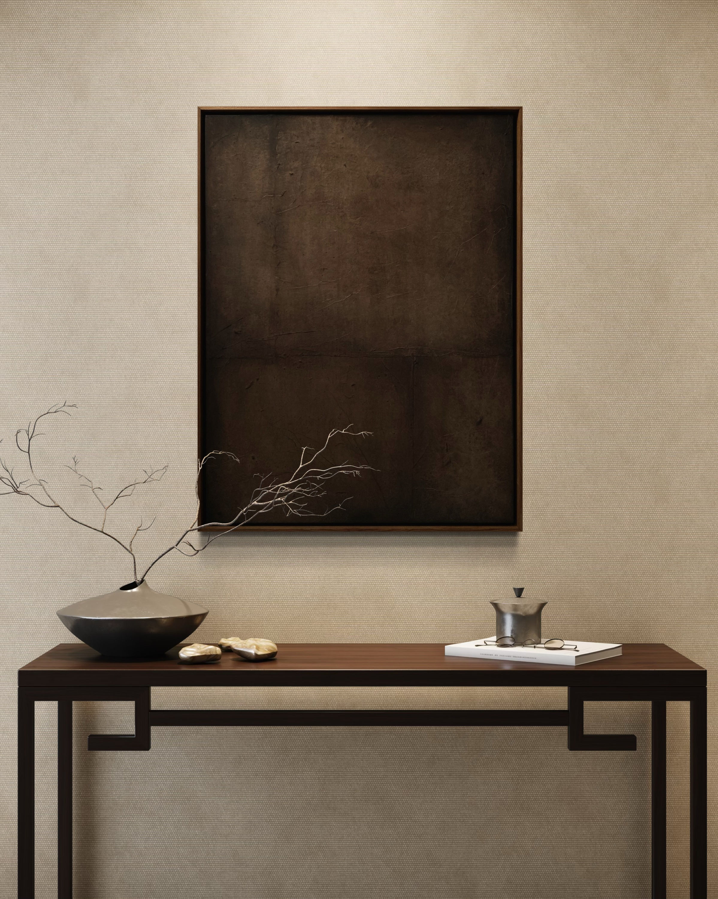 Stylowy brązowy obraz na konsoli, gałązka w wazonie