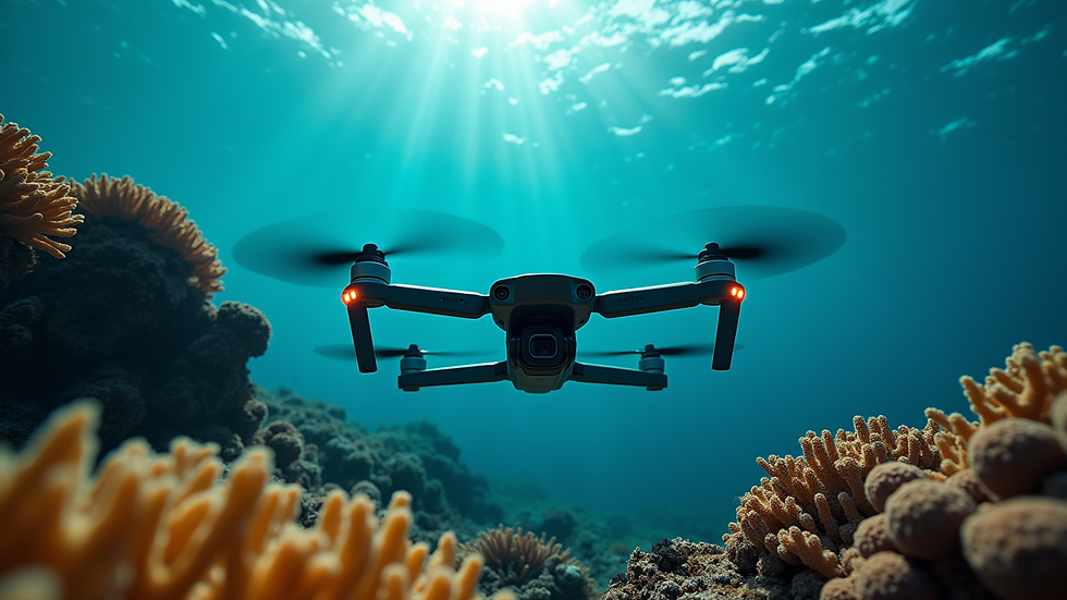 Eye-level view of an underwater drone exploring a coral reef