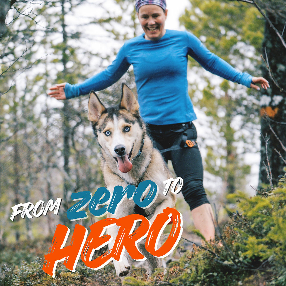 Woman running Canicross with her Alaskan Husky on a forest trail, text 'From Zero to Hero' displayed