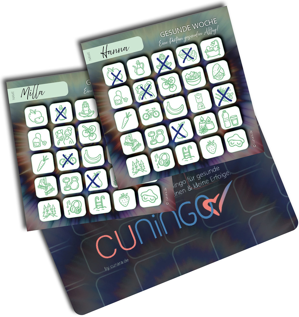 zwei Cuningo-Beispiel-Karten mit der Verpackung des Spiels im Hintergrund - Cuningo auf Cunara.de