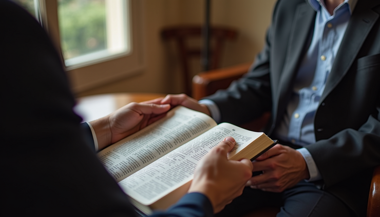 Close-up view of a pastor’s hands holding a Bible during a counseling session