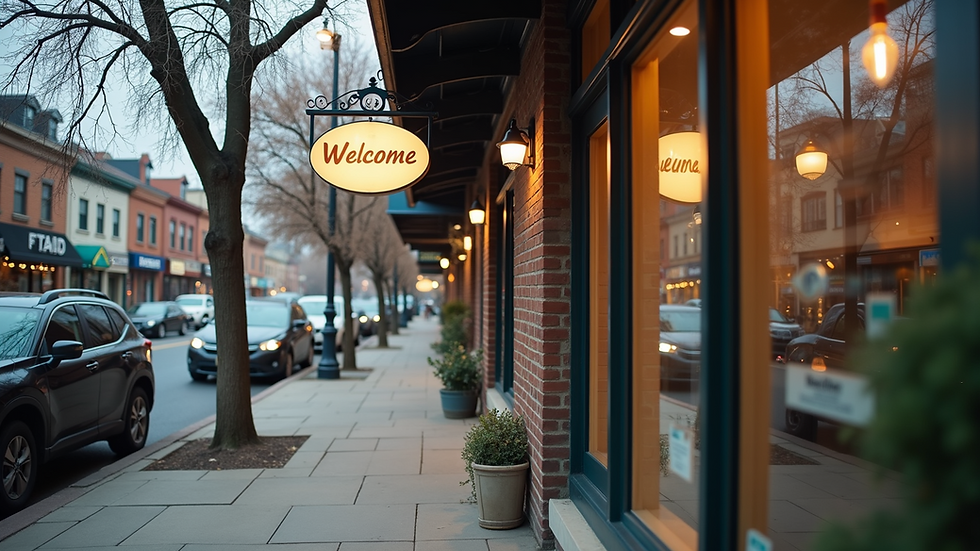 Eye-level view of a small business storefront with welcoming signage