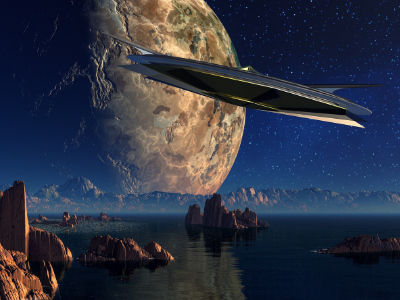 Nave espacial sobrevuela paisaje acuático con rocas bajo un cielo estrellado y un planeta grande en el fondo. Ambiente futurista.