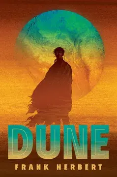 Silueta de una figura con capa oscura frente a un fondo desértico anaranjado, con un gran planeta azul-verde arriba; texto: Dune, Frank Herbert.