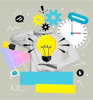 Collage of abstract elements to represent judgment-free thinking and ideating.