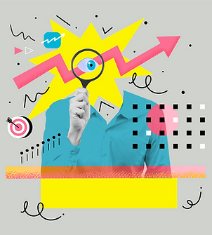 Collage of abstract elements and person holding up magnifying glass to represent understanding the learners.