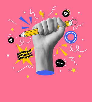 Collage of abstract elements and hand holding a pencil to represent clarifying the problem.