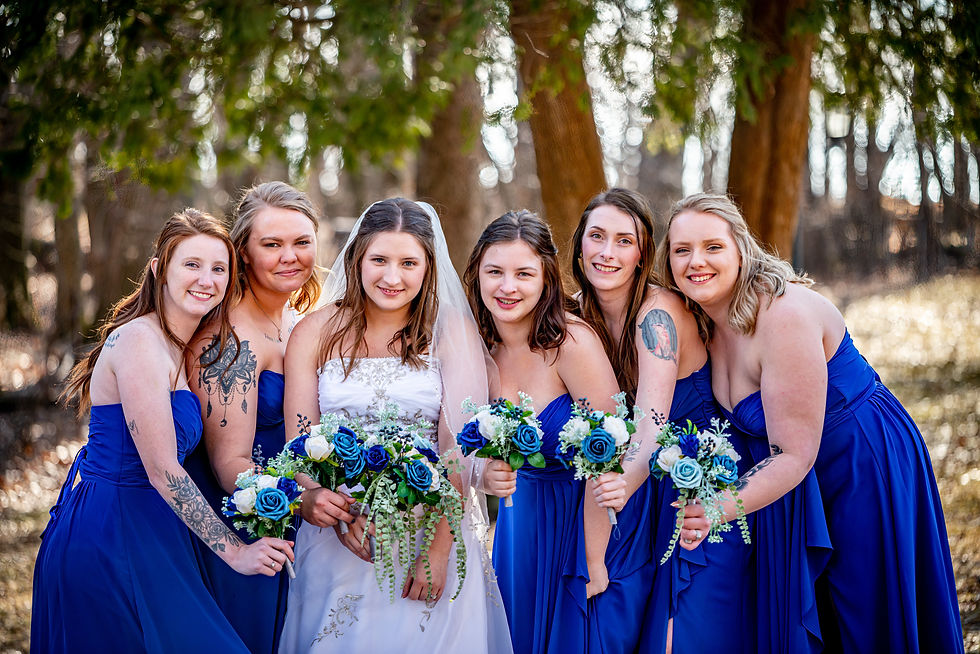 blue bridesmaid dresses, bride and her girls, bridesmaids and flowers, Springbrook Events, Burnett, WIsconsin