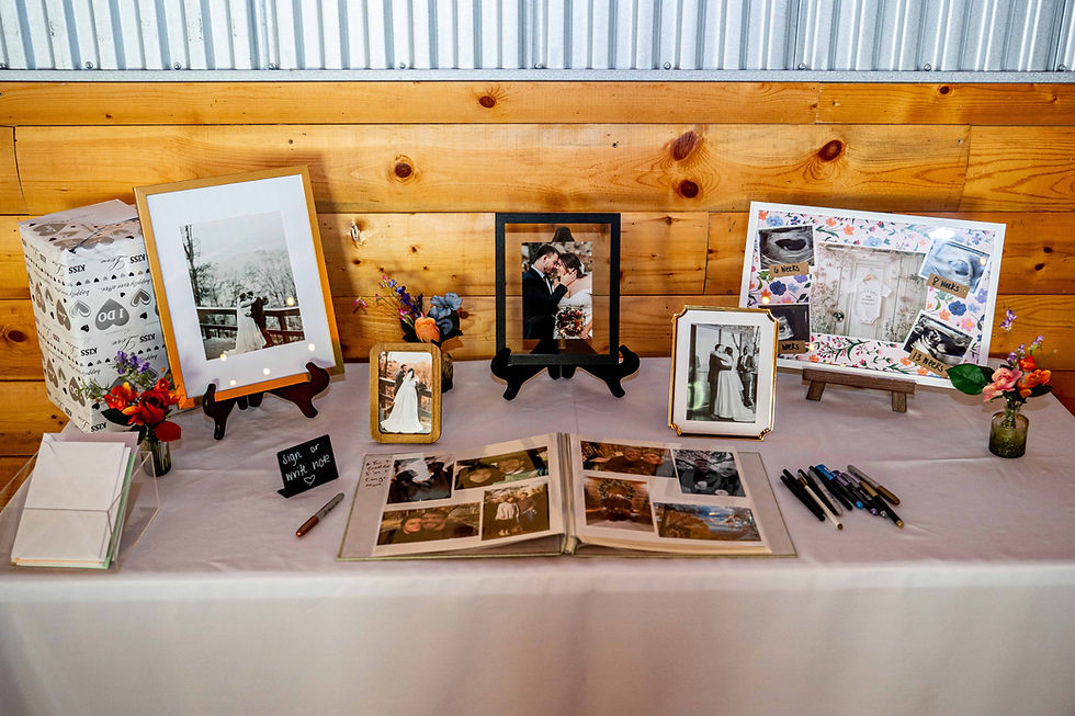 unique guest book alternative. Wedding guestbook table with framed photos, ultrasound collage labeled weeks, pens, and a sign reading" Sign or write note."