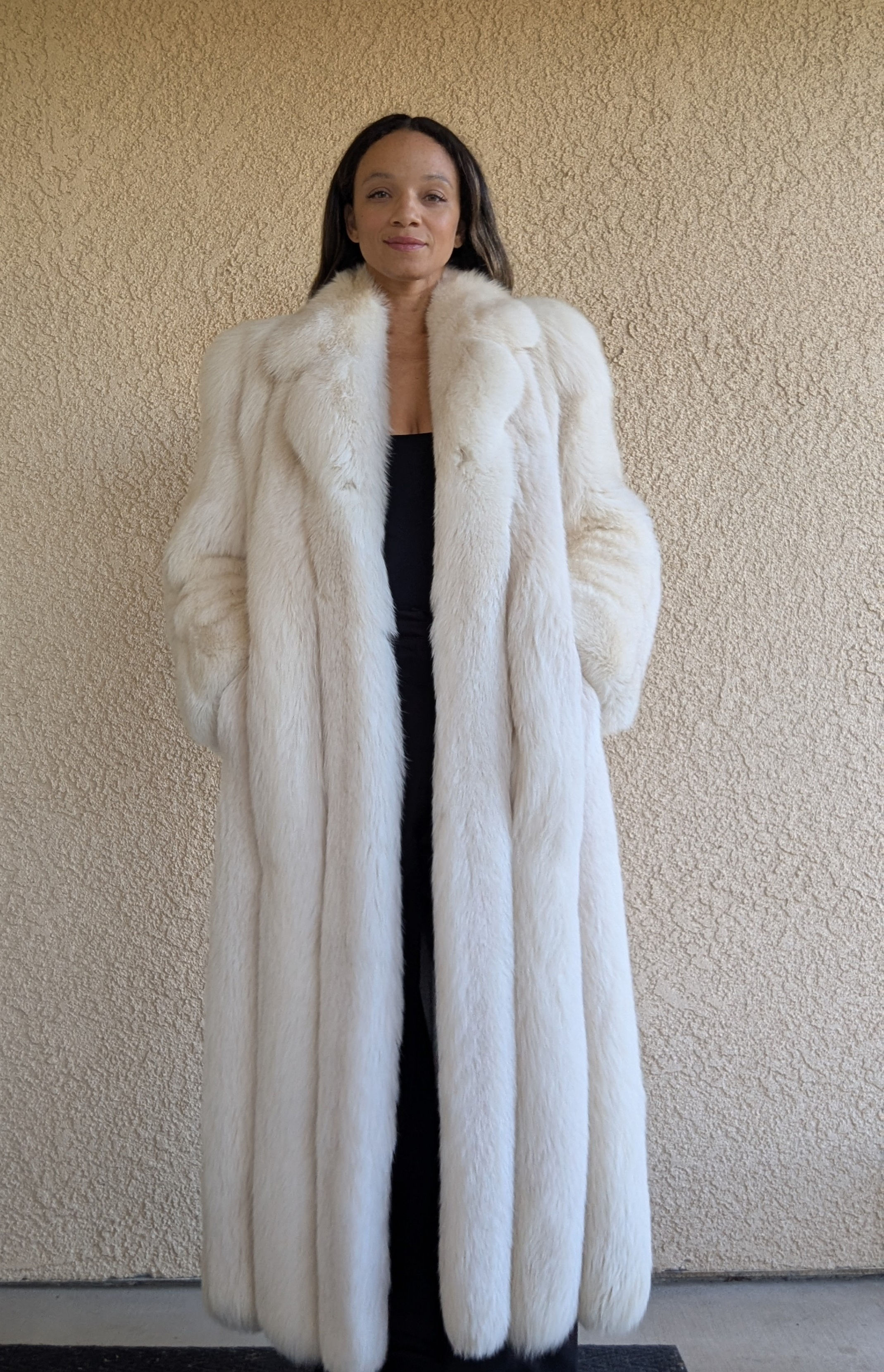 Front view of vintage Revillon full length fox fur coat from the early 1980s in pristine condition