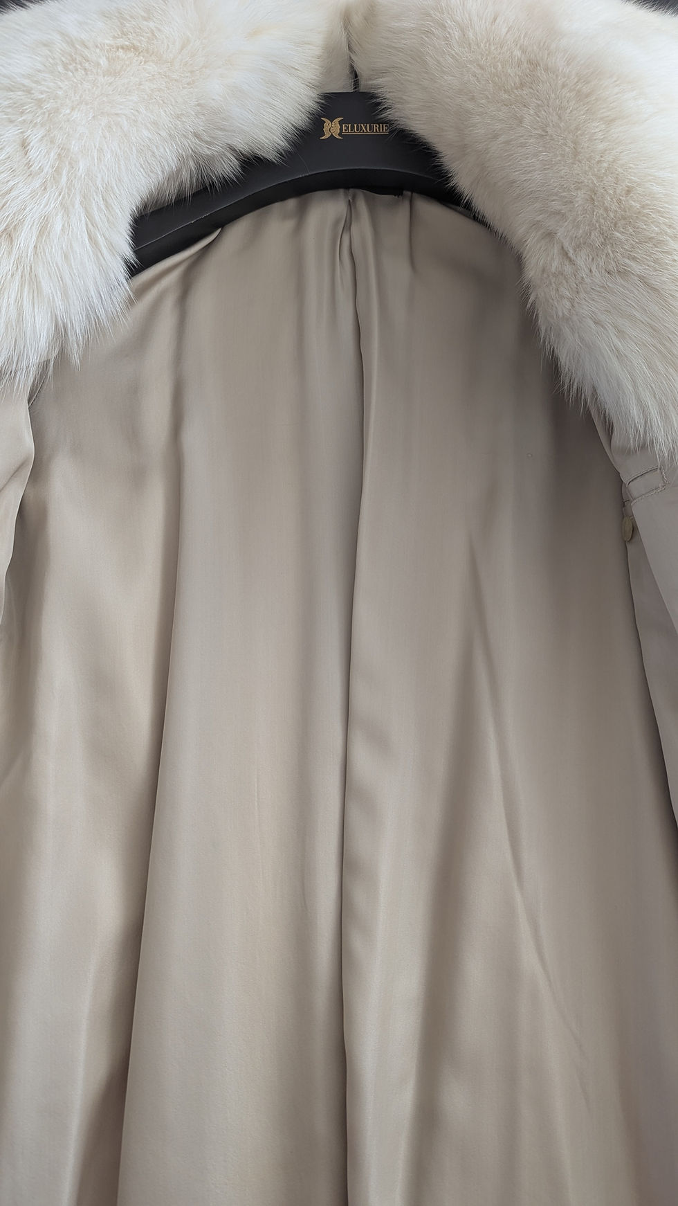 Миниатюра: Full length vintage Revillon fox fur coat displayed flat to show even panel alignment and length