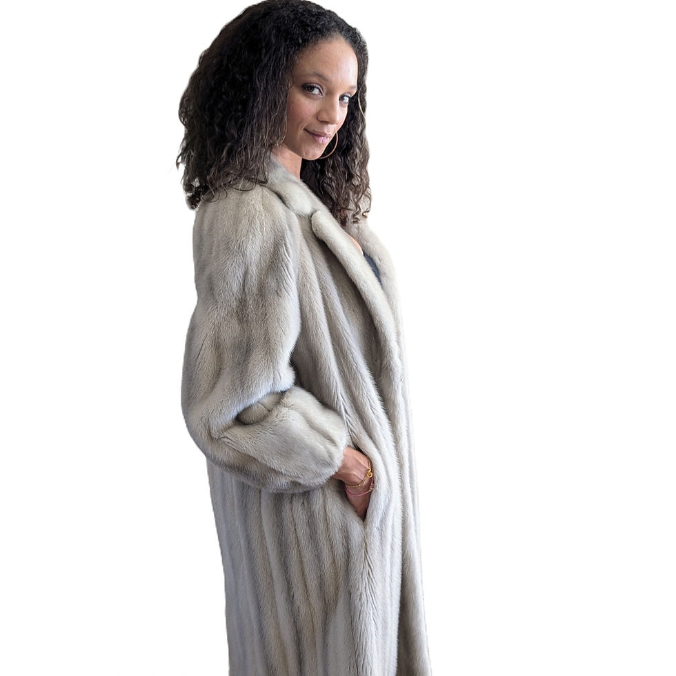 Thumbnail: Side profile of vintage cerulean sapphire mink stroller coat showing shoulder padding and silhouette